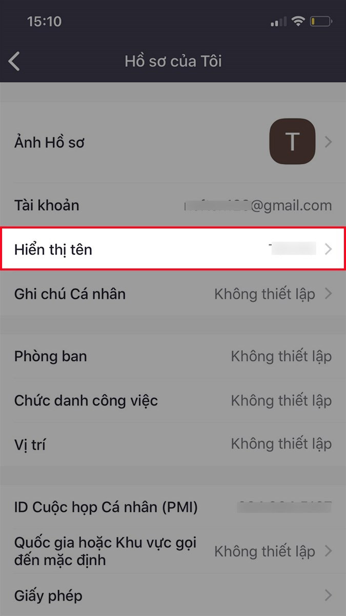 Mục hiển thị tên trong cài đặt tài khoản Zoom trên điện thoại