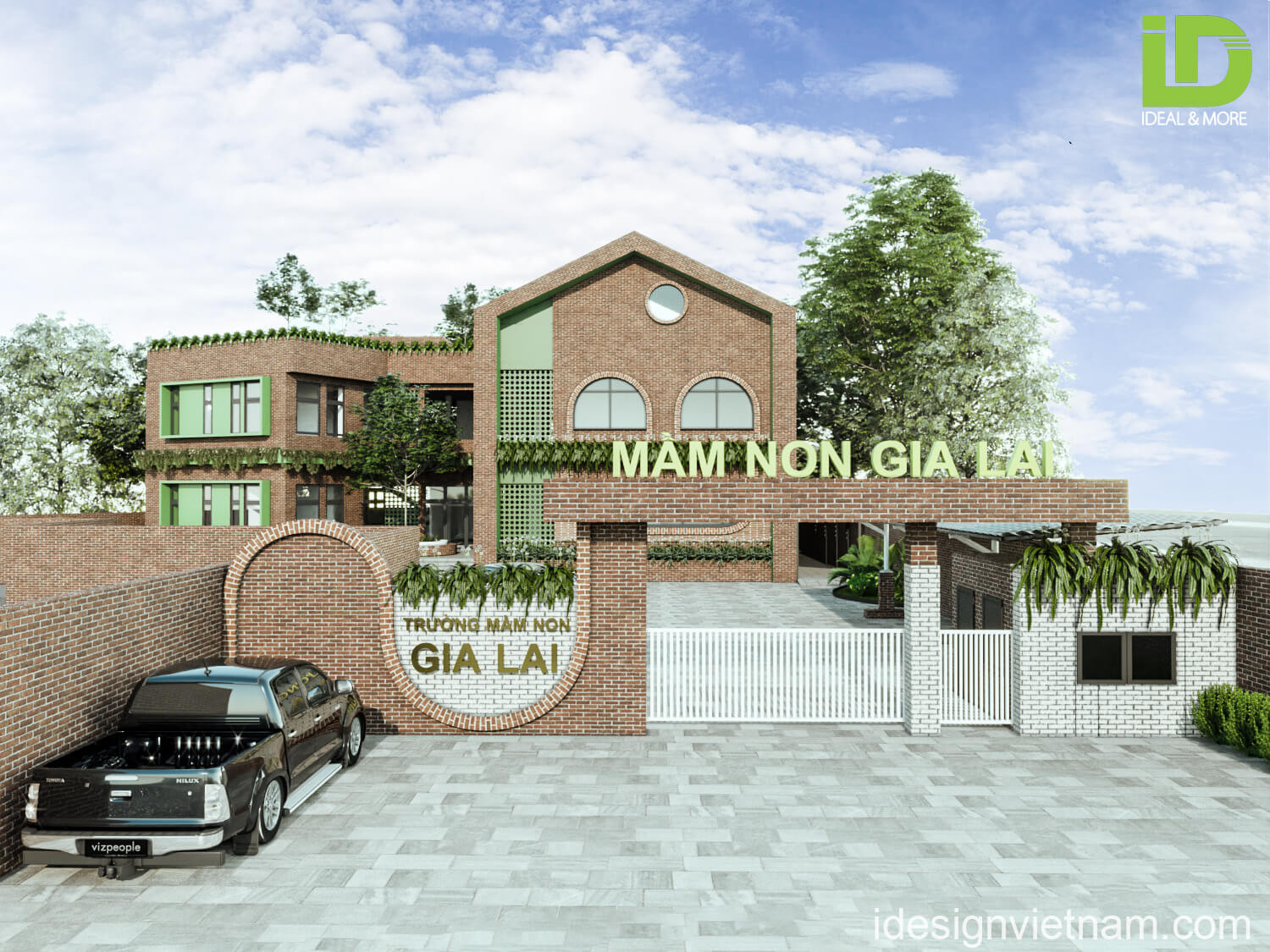 Mẫu cổng trường mầm non màu xanh lá kết hợp cổng chính cánh xoay