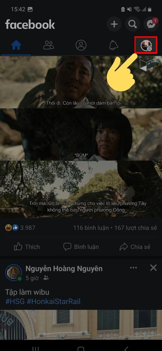 Giao diện nhấn vào ảnh đại diện để truy cập cài đặt Facebook trên điện thoại