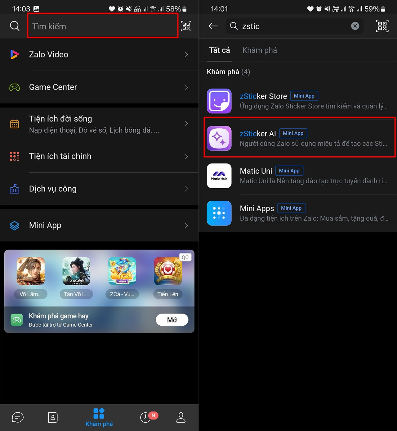 Giao diện tìm kiếm zSticker AI trong ứng dụng Zalo