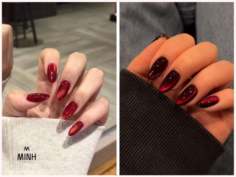 Mẫu nail mắt mèo màu đỏ với ánh sáng phản chiếu tạo hiệu ứng chuyển động nổi bật