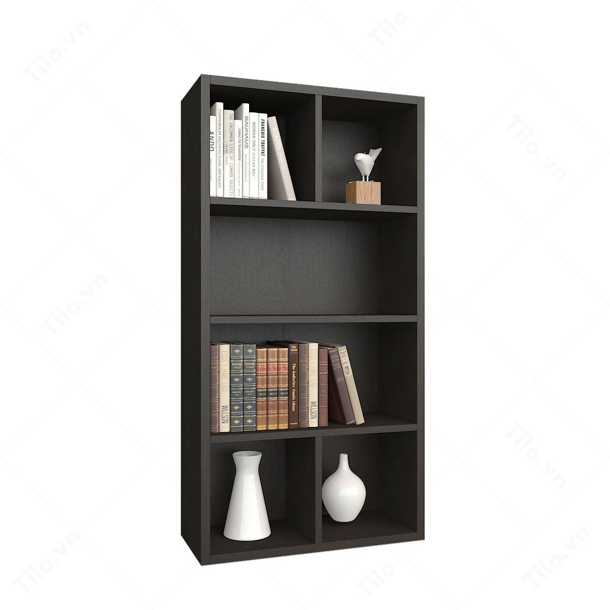 Kệ sách 4 tầng K_6.12_03D màu đen, thể hiện phong cách mạnh mẽ và hiện đại.