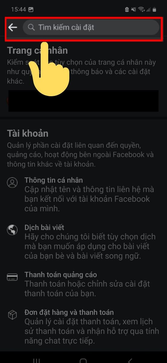 Sử dụng thanh tìm kiếm để nhập từ khóa cảm xúc trong cài đặt Facebook