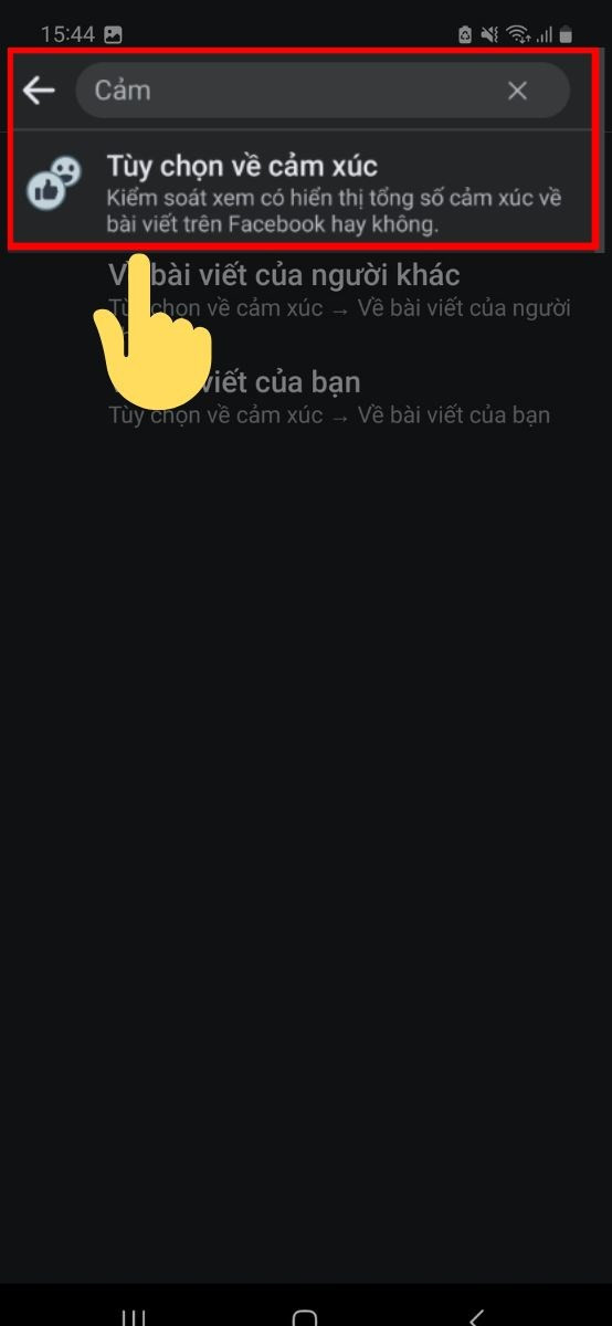 Chọn tùy chọn về cảm xúc trong menu cài đặt Facebook