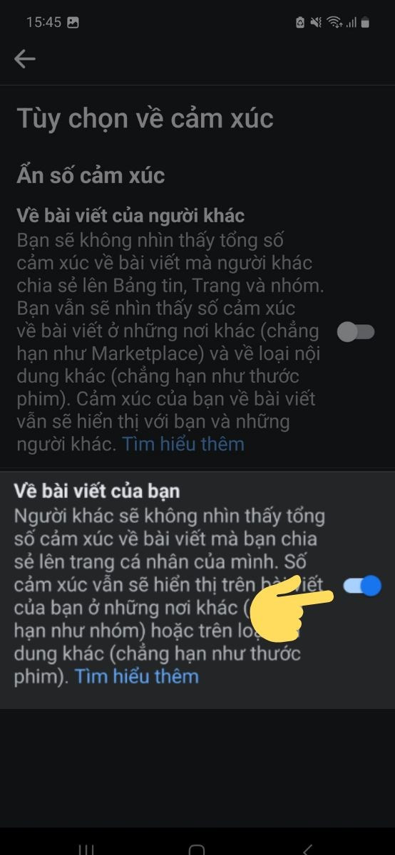 Kích hoạt công tắc để ẩn lượt like trên Facebook trong cài đặt