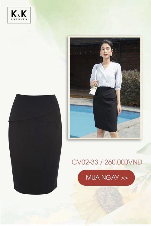 Chân váy bút chì đen có chi tiết peplum và hàng cúc trang trí tinh tế