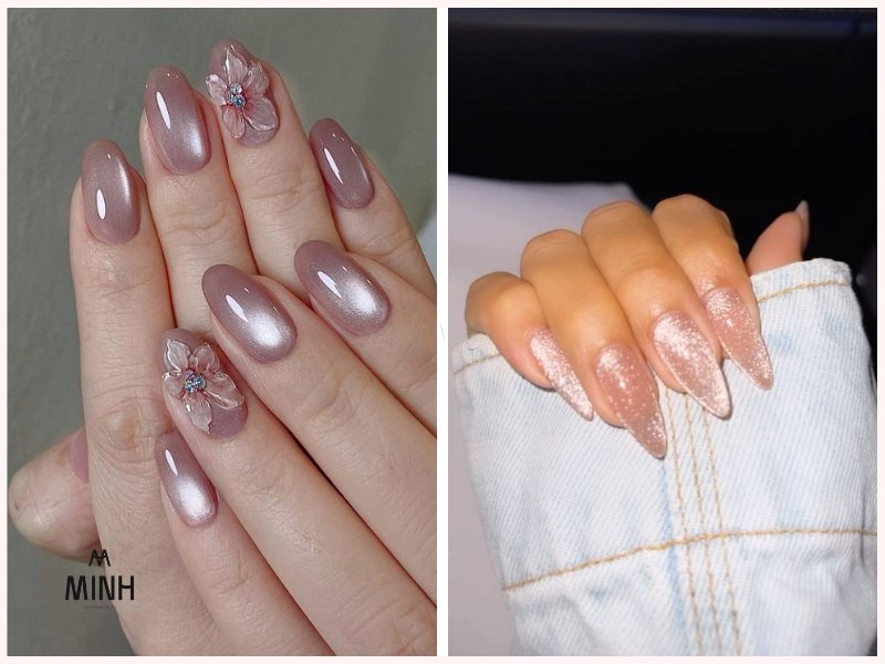Mẫu nail mắt mèo màu hồng với hiệu ứng ánh sáng nhẹ tạo cảm giác nữ tính