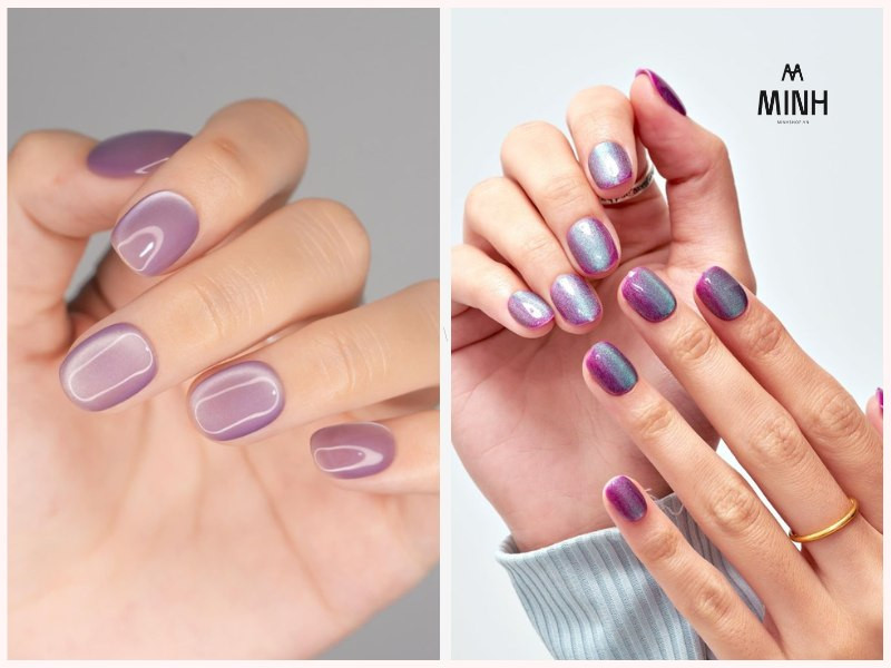 Thiết kế nail mắt mèo màu tím với hiệu ứng ánh sáng mềm mại tạo cảm giác huyền ảo