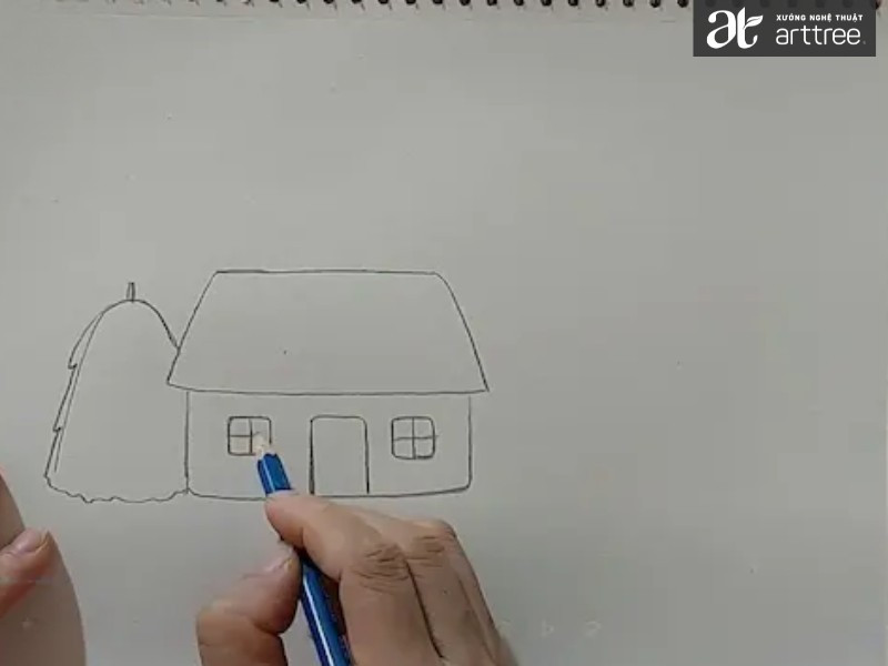 Bước 1: Phác thảo ngôi nhà nhỏ và đống rơm trên giấy