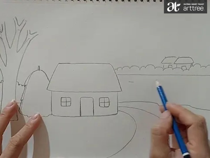 Bước 3: Bổ sung cây lớn và bụi cây nhỏ xung quanh nhà