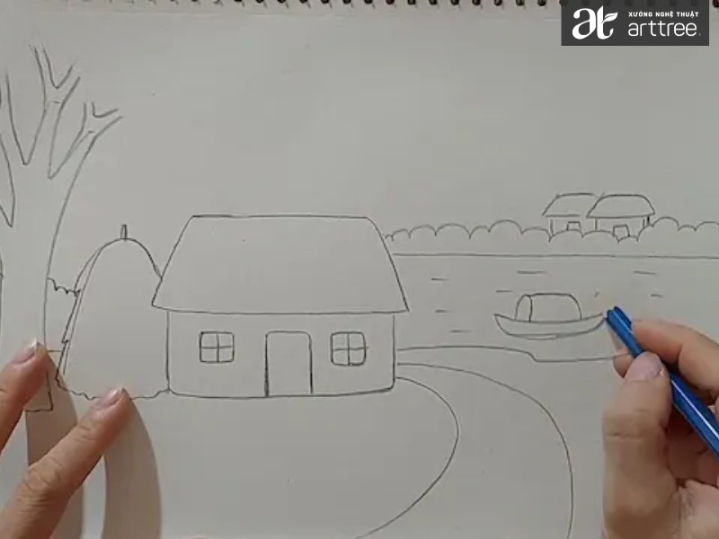 Bước 4: Vẽ những con thuyền đang trôi trên dòng sông