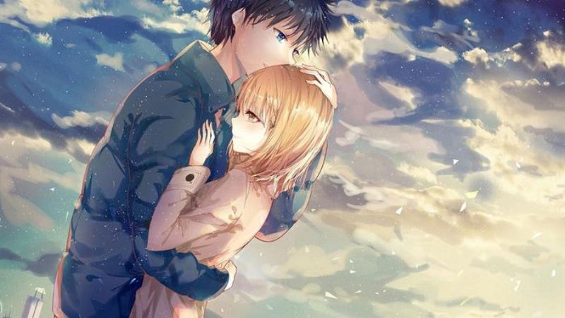 Một cặp đôi anime đang ôm nhau dưới ánh hoàng hôn lãng mạn, thể hiện tình yêu và sự gắn kết