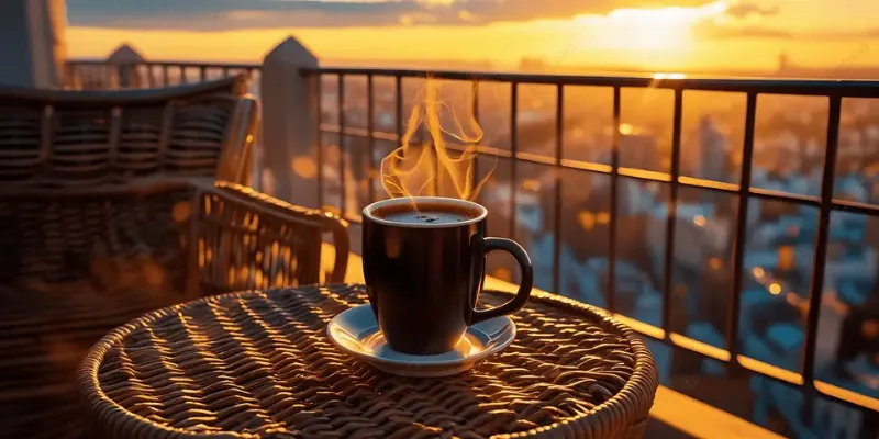 Khung cảnh ảnh hoàng hôn chill phản chiếu qua ô cửa sổ bình yên bên tách cà phê