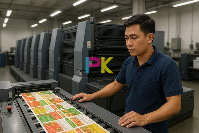 Nhân viên vận hành máy in offset tại Xưởng In Phan Khôi đang in menu từ file Word