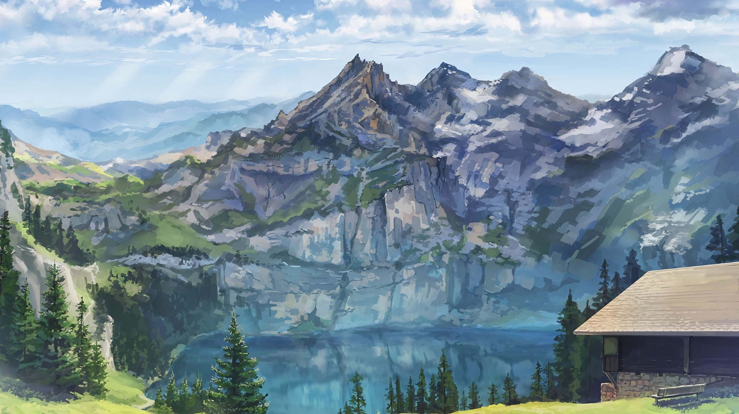 Núi non hùng vĩ và hồ nước trong xanh dưới bầu trời Anime