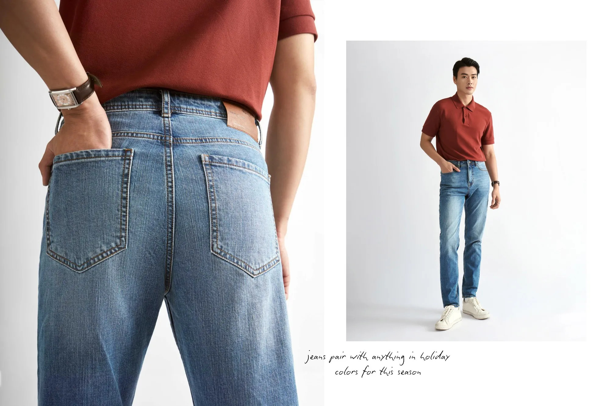 Áo polo tay ngắn đỏ đô phối quần jean ống ôm cực thời trang