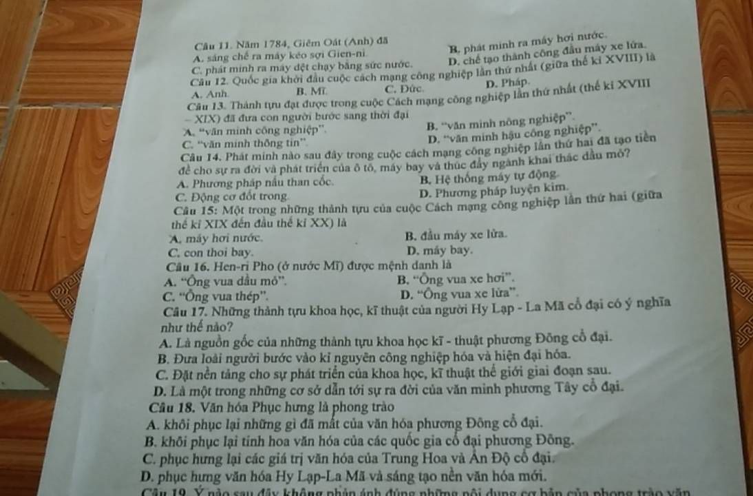 Đề trắc nghiệm Lịch sử về phát minh máy hơi nước của Giêm Oát năm 1784 và Cách mạng công nghiệp