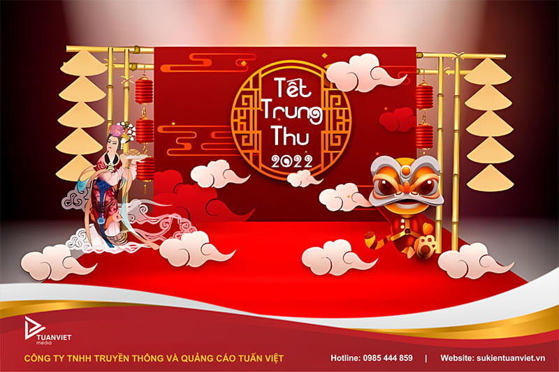 Mẫu backdrop Tết Trung thu kết hợp với hình tượng thỏ ngọc, đầu lân