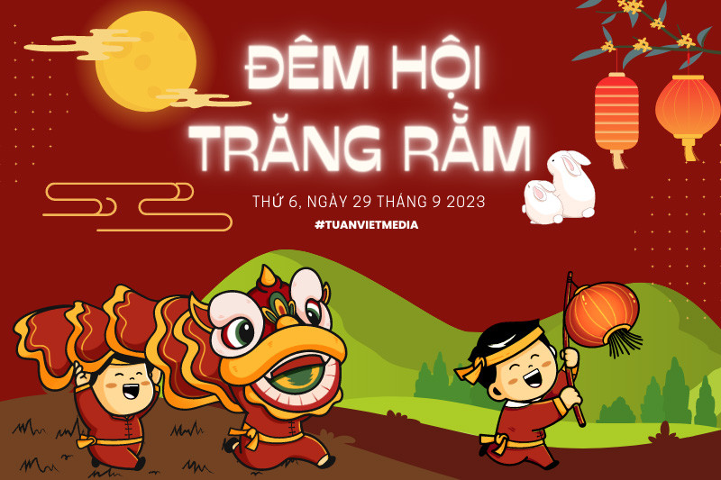 Hình ảnh múa lân và rước đèn trong mẫu backdrop Đêm hội trăng rằm