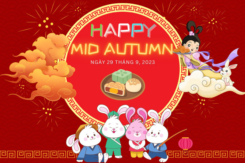 Mẫu background Tết Trung thu với hình ảnh chị Hằng và các chú thỏ