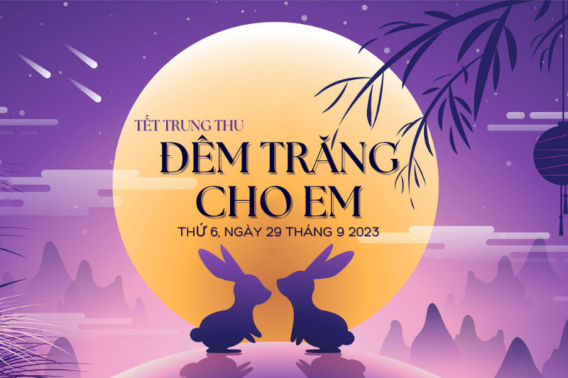 Mẫu backdrop trung thu đẹp với tone màu tím chủ đạo