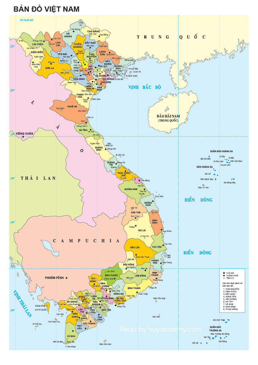 Mẫu bản đồ Việt Nam với các tỉnh thành được đánh dấu và quần đảo Hoàng Sa Trường Sa