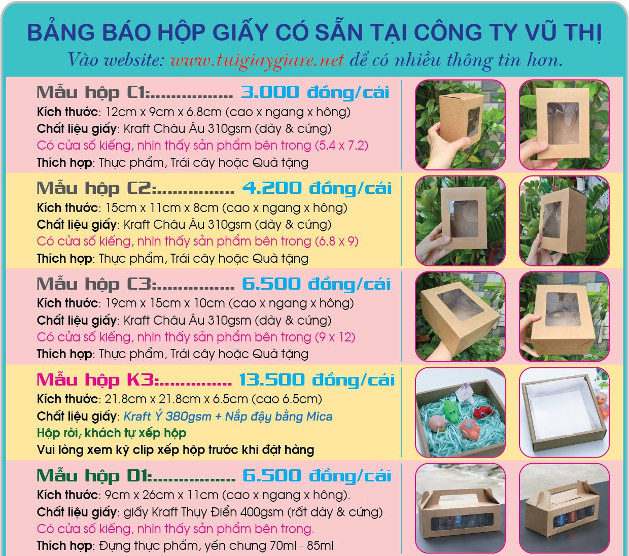 Bảng báo giá các loại túi giấy và hộp giấy có sẵn, cập nhật mới nhất