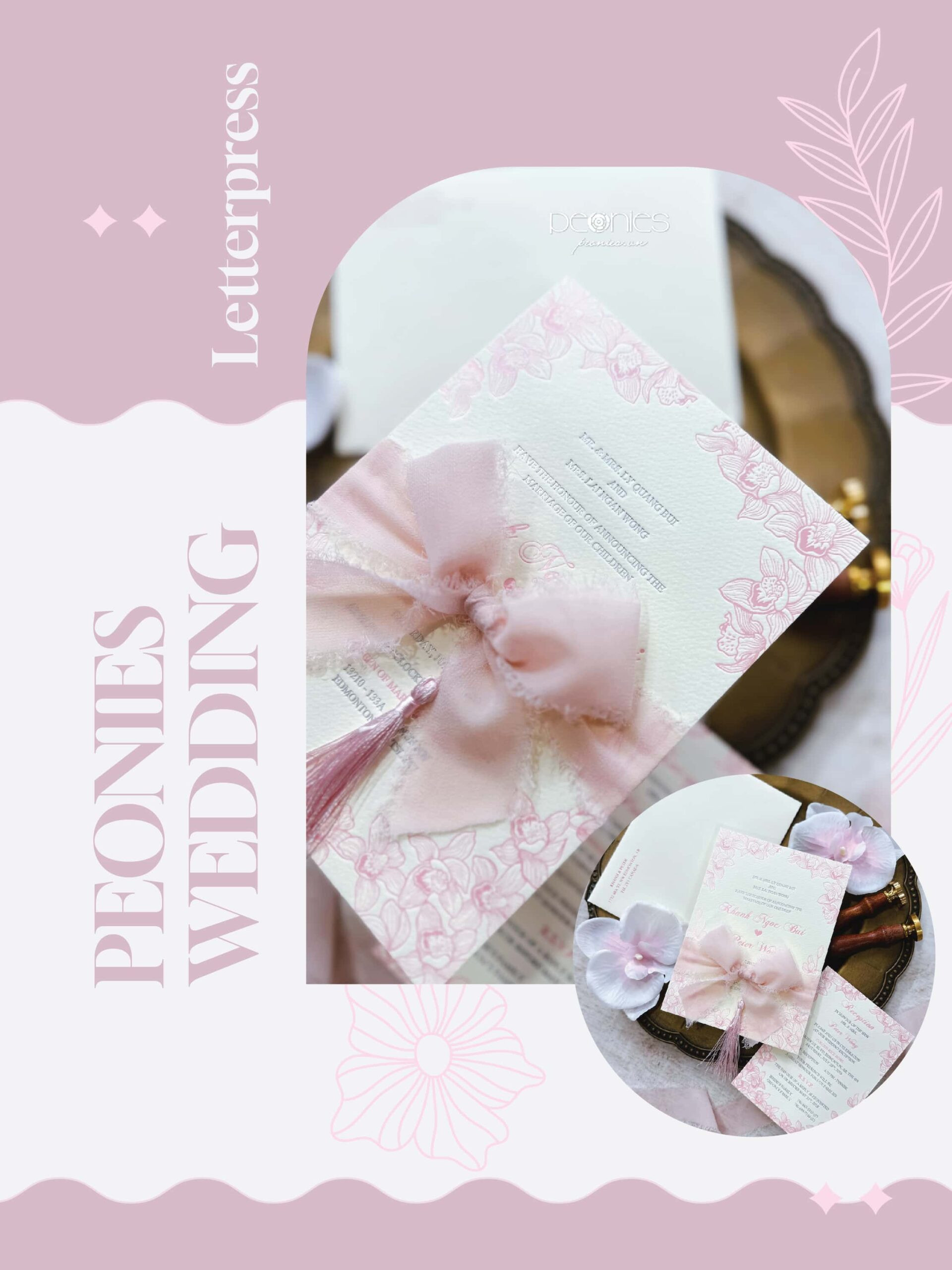 Mẫu thiệp cưới sử dụng kỹ thuật in Letterpress với các chi tiết hoa văn cổ điển và sang trọng