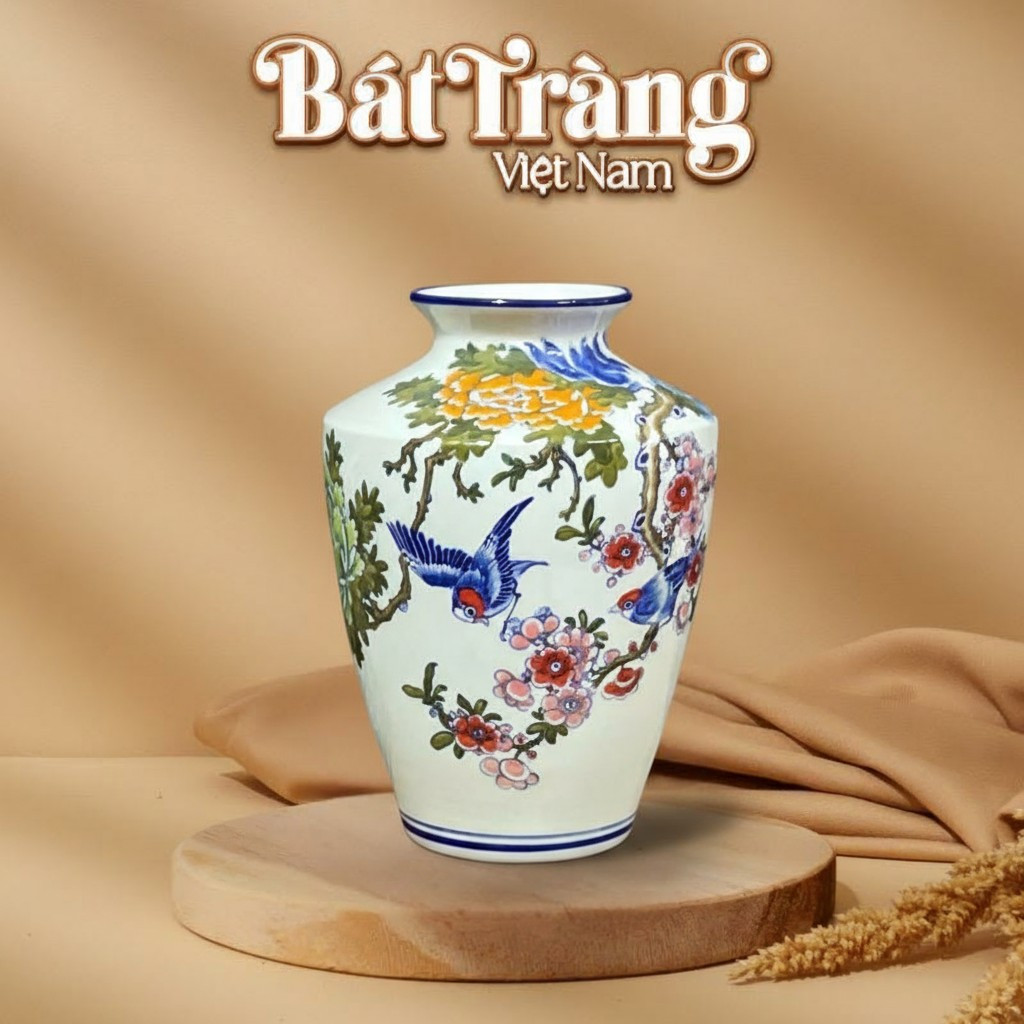 Bình gốm Bát Tràng vai vuông vẽ chim én và cành đào, một tác phẩm nghệ thuật trang trí cao cấp.