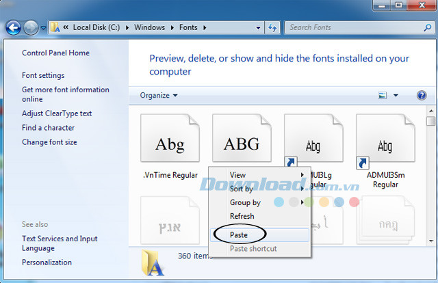 Dán font chữ UTM đã sao chép vào thư mục Fonts của Windows