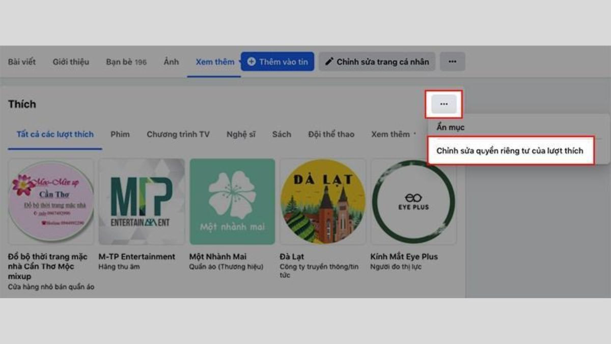 Giao diện cài đặt quyền riêng tư cho lượt thích trang trên Facebook bằng trình duyệt web, hiển thị bước chọn "Chỉnh sửa quyền riêng tư"