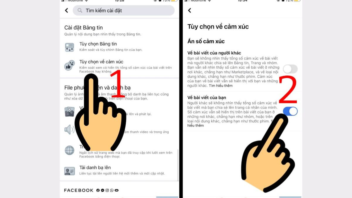 Thao tác bật tùy chọn ẩn số lượt thích trong mục cảm xúc Facebook