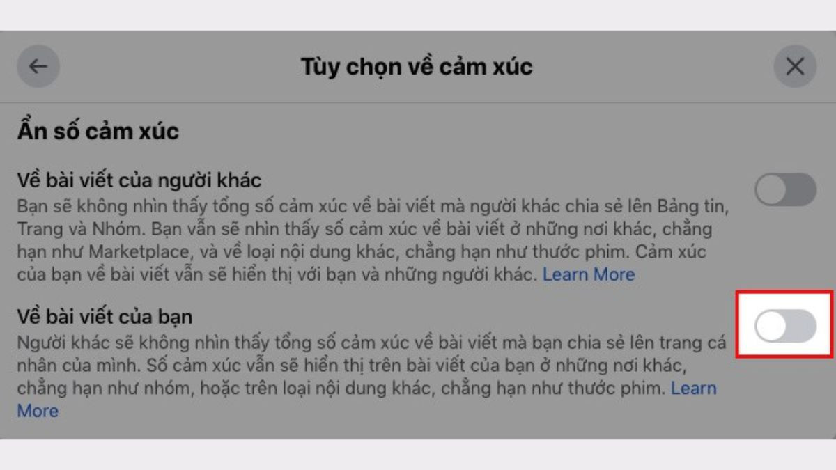 Ảnh chụp màn hình bước 4 trong hướng dẫn chi tiết cách ẩn lượt thích trên Facebook bằng máy tính, tập trung vào tùy chọn "Về bài viết của bạn"