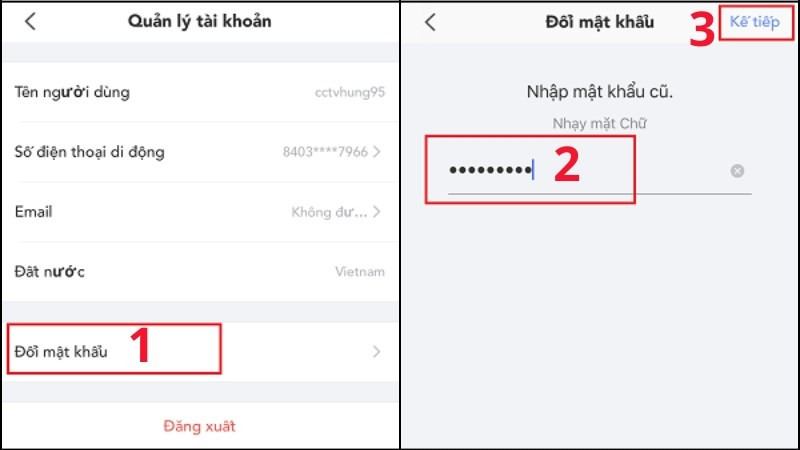 Chọn vào Đổi mật khẩu ở mục Quản lý tài khoản > Nhập mật khẩu cũ vào