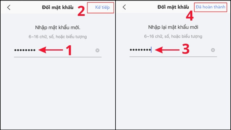 Nhập lần lượt mật khẩu cũ và mật khẩu mới vào
