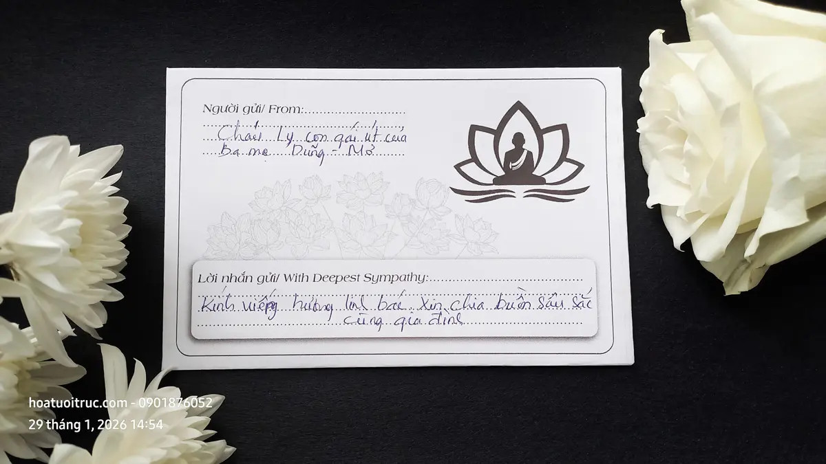 Mẫu cách viết phong bì phúng điếu đám tang Phật giáo thành kính với biểu tượng hoa sen và đức Phật