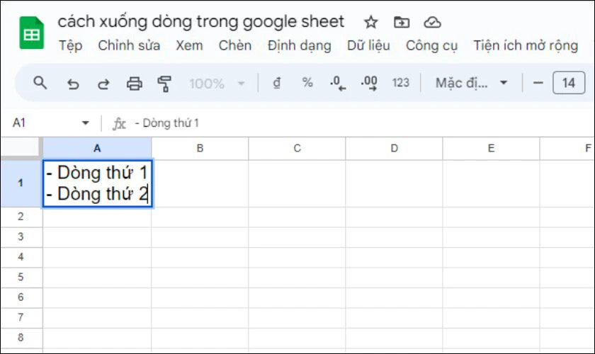 Con trỏ trong ô đã xuống dòng thành nhiều dòng nội dung