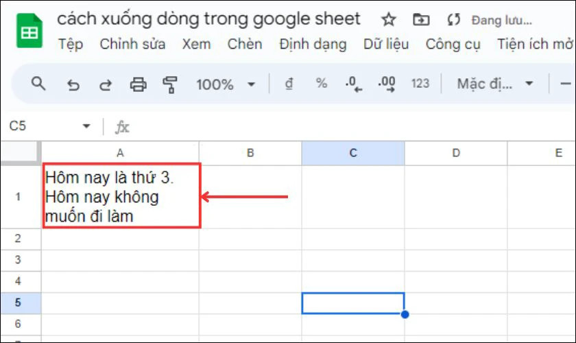 Nội dung trong ô được hiển thị gọn gàng sau khi xuống dòng
