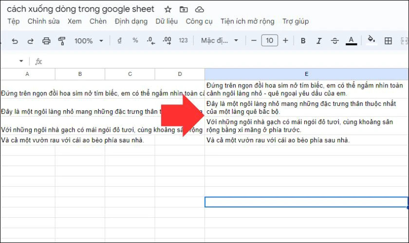 Ví dụ bảng dữ liệu với nhiều dòng nội dung trong một ô