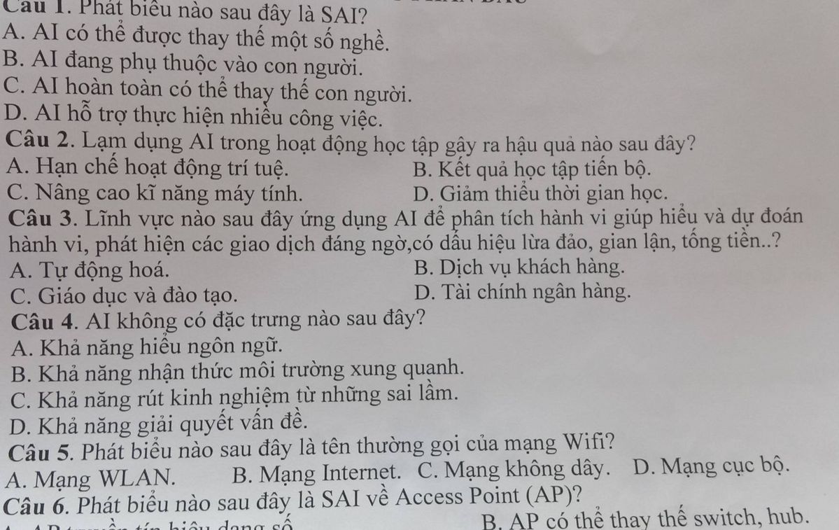 Bộ đề trắc nghiệm về AI và mạng máy tính: phát biểu sai, hậu quả lạm dụng AI, lĩnh vực ứng dụng AI, mạng WLAN và Access Point