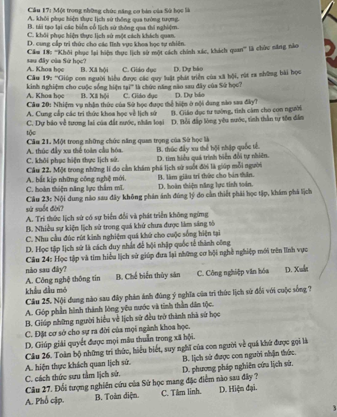 Ảnh đề trắc nghiệm về chức năng, ý nghĩa và đối tượng nghiên cứu của Sử học từ câu 17 đến câu 27