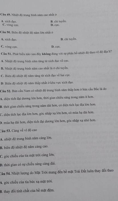 Đề bài và đáp án các câu trắc nghiệm về nhiệt độ trung bình năm và biên độ nhiệt độ năm theo vĩ độ