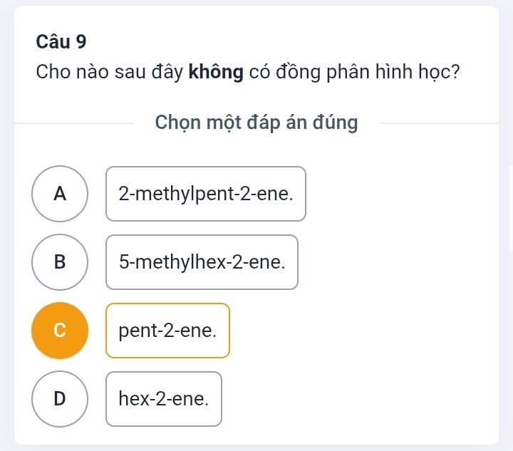 Đề bài trắc nghiệm Hóa học về chất không có đồng phân hình học với bốn phương án A, B, C, D