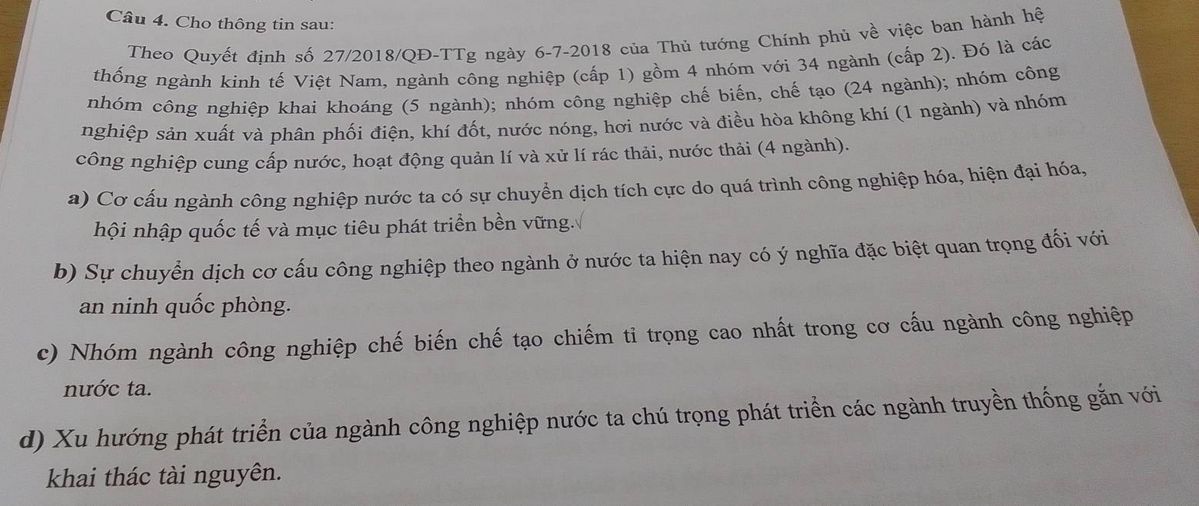 Đề bài trắc nghiệm đánh giá bốn nhận định về cơ cấu ngành công nghiệp Việt Nam theo Quyết định 27/2018/QĐ-TTg