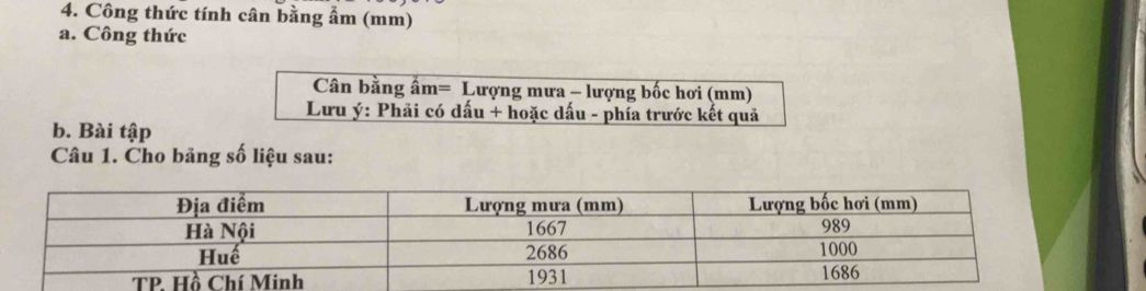 Công thức tính cân bằng ẩm và bảng số liệu lượng mưa, lượng bốc hơi của Hà Nội, Huế, TP. Hồ Chí Minh