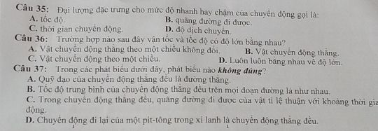 Đề bài trắc nghiệm về tốc độ là đại lượng đặc trưng cho mức độ nhanh hay chậm của chuyển động
