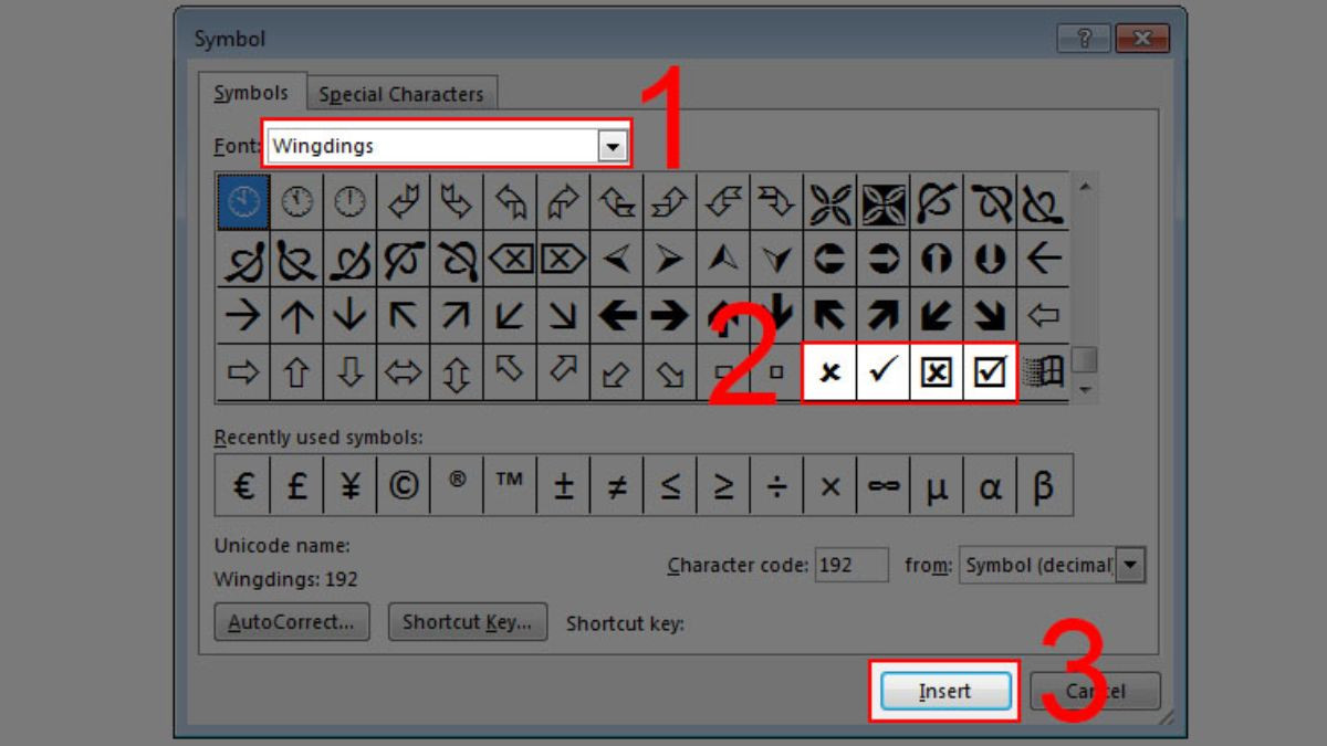 Chọn dấu tick trong font Wingdings 2 để chèn vào văn bản
