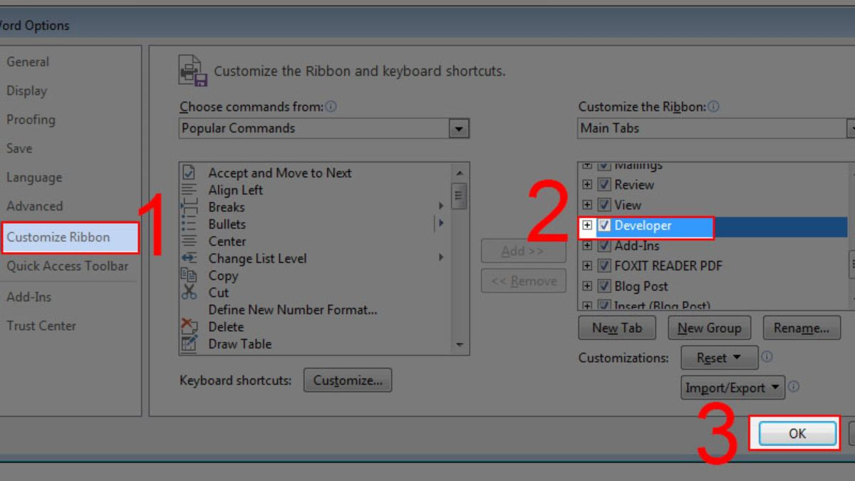 Bật tab Developer trong Word để sử dụng checkbox