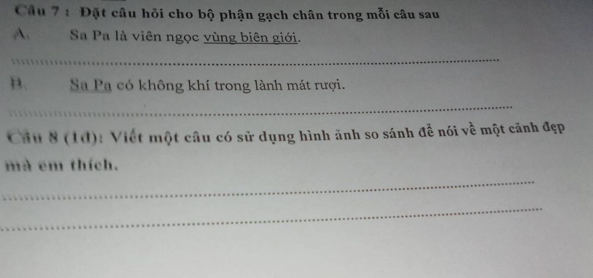 Đề bài tập đặt câu hỏi cho bộ phận gạch chân với hai câu về Sa Pa và yêu cầu viết câu có hình ảnh so sánh về một cảnh đẹp