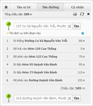 Kết quả lộ trình hiển thị chi tiết trên bản đồ cùng bảng hướng dẫn từng bước di chuyển